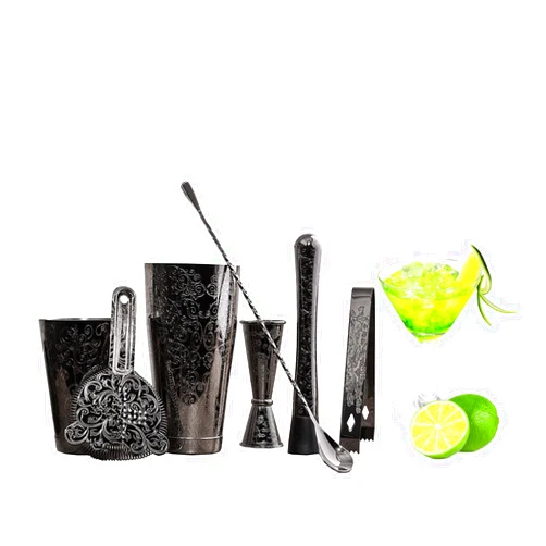 SKY FISH Bartender Kit Cocktail Shaker Set-7 Pieces Stainless Steel Black Plated Etching Bar Tools with Boston Shaker Tins,Mixing Spoon,Mojito Muddler,Japanese Double Jigger,Hawthorne Strainer