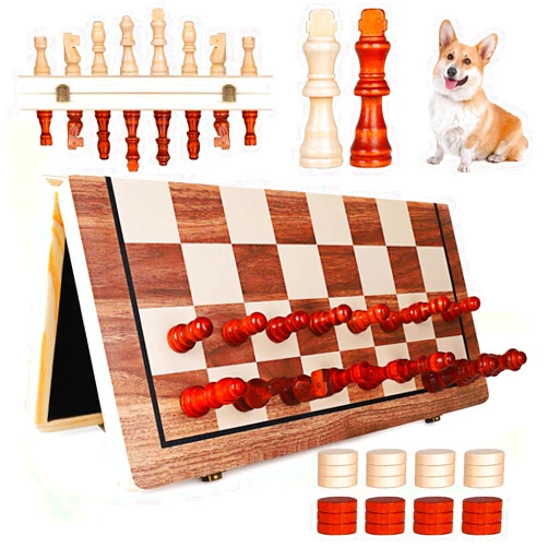 Demiwise Magnetic Wooden Chess Set,2 in 1 Chess & Checkers Game Set with 2 Extra Queens,Foldable Magnetic Chess Board Game, Portable Checkers Board Game for Adults and Kids Travelling