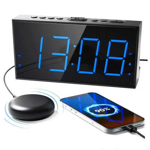 Roxicosly Super Loud Alarm Clock with Bed Shaker, Vibrating Alarm Clock for Heavy Sleepers Hearing Impaired Deaf Teens, Dual Clock with 7.5’’ Large Display, USB Charger, Dimmer, Snooze & Battery Backup
