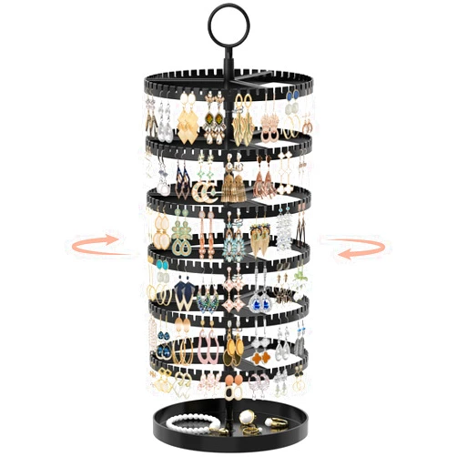 iDavosic.ly 6 Tier Rotating Earring Holder Organizer with Metal Tray, Adjustable Plastic Dangle Display Stands Tree with 342 Grooves, Large Hoop Storage Rack Tower, Black