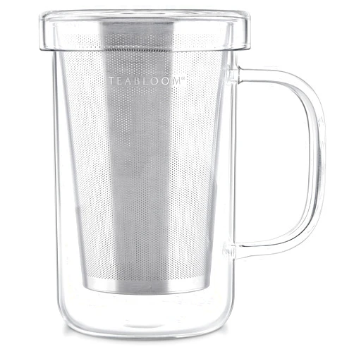 Teabloom Premium Borosilicate Glass Mug with Stainless Steel Loose Leaf Tea Infuser and Lid/Dish - 12 Ounces (350 mL)