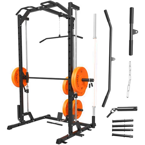GMWD SmithΔ Machine, 1000LBS Power Cage with LAT Pull Down Pulley System and Cable Row, Multi-Function Squat Rack Cage, More Cable Attachments for Weight Cage Home Gym