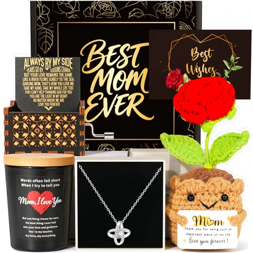 Fortuning's JDS Birthday Gift for Moms, Mom Birthday Mothers Day Gifts Ideas Basket for Moms Mama Mother from Daughter Son Child, New Moma Gifts with Music Box and Knitted Rose Flowers Mom Crochet