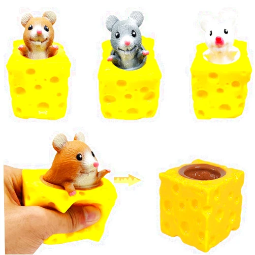 Totelux 3PCS Animal Squishes Toys with Cheese Cup Squishies Cute Mice Squeeze Toys for Kids Cheese Squirrel Cup Fidget Toys for Adults Anxiety ADHD Stress Relief Toy Birthday Party Favors