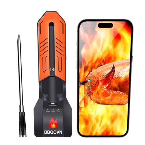 BBQOVN WiFi & Bluetooth Wireless Meat Thermometer, Unlimited Range, 7 NIST Certified Accuracy Sensors with Ambient Temp Remote Monitoring for BBQ Grill, Oven, Smoker, Air Fryer (1, Black, Medium)