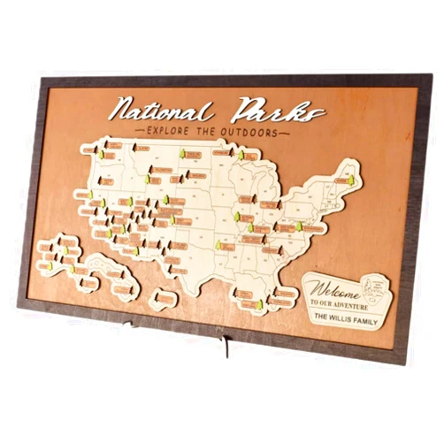 Lemap US Wooden National Parks Travel Map With Trees To Record Park Visits (Palisander, Size XL: 27 x 17 inch)