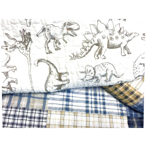 Cozy Line Home Fashions Benjamin Cute Dinosaur Plaid Navy Blue White Grey Bedding Quilt Set 100% Cotton Reversible Coverlet Bedspread Set for Kids Boy(Twin - 2 Piece)