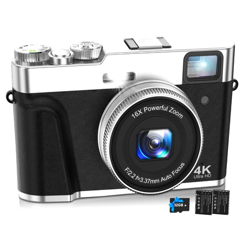 NEZINI 4K Digital Camera,Auto Focus 48MP Vlogging Camera for YouTube and Anti-Shake Video Camera with Viewfinder Flash & Dial,16X Zoom Travel Portable Digital Camera with 32GB Card,2 Batteries (Black)