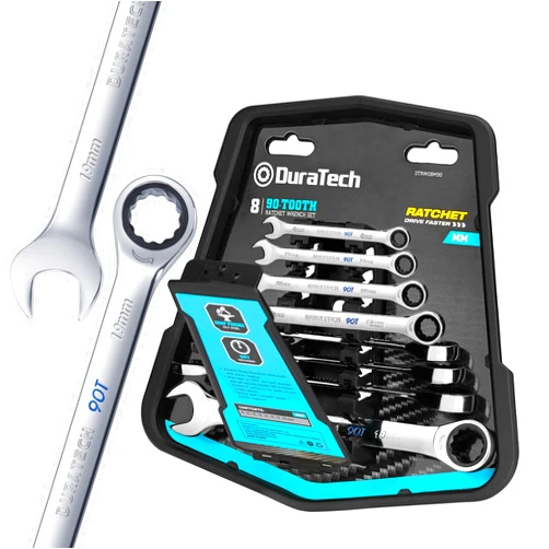 DURATECH 90-Tooth Ratcheting Wrench Set, Combination Wrench Set, 8-Piece, Metric, 8, 10, 12, 13, 14, 15, 17, 19mm, CR-V Steel, Organized in Wrench Rack