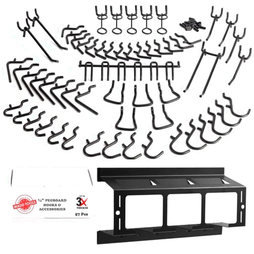 MADD TOOLS DOUBLE D FOR DOUBLE DUTY 57 Piece Heavy Duty 1/4 Inch Black Pegboard Hooks for Hanging Plus Universal Peg Board Drill Holder