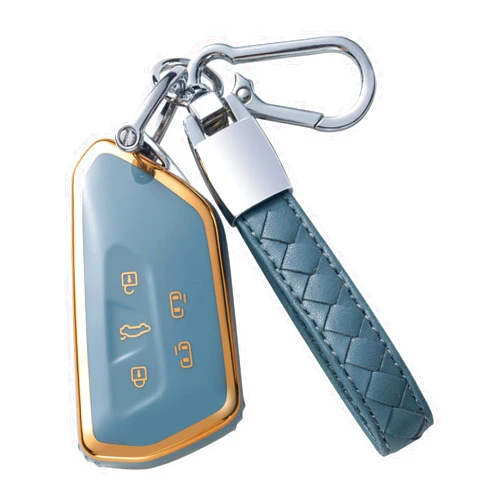 CHEZENHUI Compatible with VW Volkswagen Key Fob Cover with Leather Lanyard, Car Key Case Shell for VW ID.4 ID.3 Golf 8 2020 Skoda Octavia Seat Leon Smart Remote Control,Blue