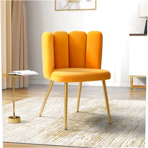 HULALA HOME Velvet Accent Chairs Modern Vanity Chairs for Makeup Room, Comfy Upholstered Dining Chairs for Living Room with Shell Back and Golden Metal Legs/Mustard
