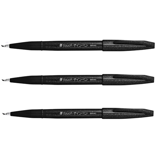 Pentel Fude Touch Sign Pen, Black, Felt Pen Like Brush Stroke (SES15C-A) 3 Pieces