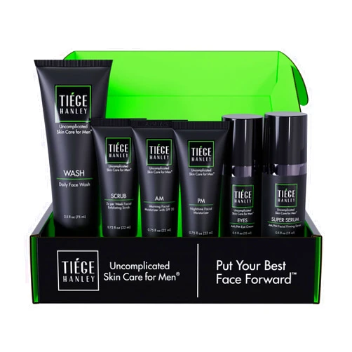 Tiege Hanley Skin Care Set for Men, Anti Aging Routine, System Level 3, Daily Face Wash, Facial Scrub, Two Moisturizers, Eye Cream, and Serum for Healthy, Hydrated Skin, Men’s Skin Care, 6 Piece Kit