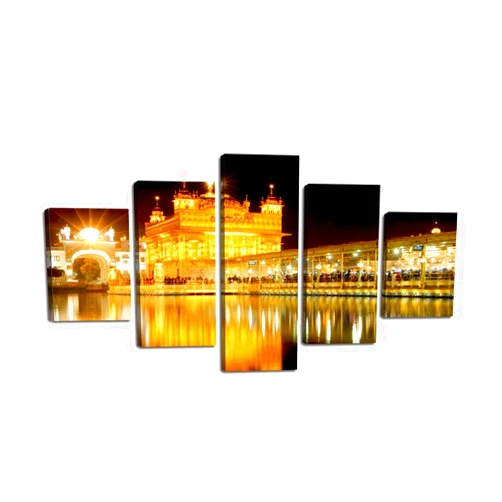 Yatsen Bridge 5 Piece Sikh Canvas Wall Art Golden Temple at Amritsar Painting India Pictures Dawn Mirror View Poster Prints Artwork Home Decor for Living Room Bedroom Office Framed Ready to Hang (60”Wx32”H)