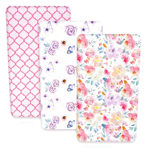 AMROSE 3 Pack Soft Mini Crib Sheets, Microfiber Pack N Play Sheets Set for Baby Girls, Silk Touch Gentle, Fitted for Playard Portable Mini Crib Mattress, Happy Garden