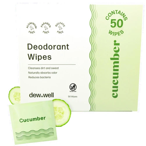 Dew Well Deodorant Wipes - Individually Wrapped Travel Wipes - On-the-Go Travel Toiletries - Natural Deodorant Formula - 50 Count, Pack of 1, Cucumber