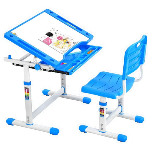 FDW Kids Desk and Chair Set, Height Adjustable Multifunctional Student Study Desk Kids Art Table Children's Chair Set with Storage Drawer 45°Tilted Desktop for Boys&Girls,Blue