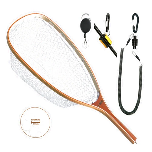 ONROCL Fly Fishing Net Trout Net with Magnetic Release and Rod Holder Wooden Frame Landing Net with Soft Rubber Mesh for Catch and Release (Clear Small Holes)