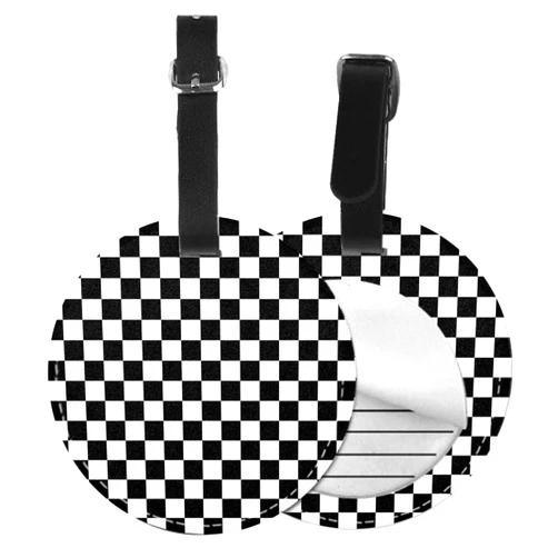 TKS MITLAN 1 Pcs Luggage Tag Checkerboard Privacy Cover ID Label Address Card for Travel Bag Suitcase Geometric Checkered Plaid Pattern Black White Car Racing Sports Chess Board Leather Travel(Round)