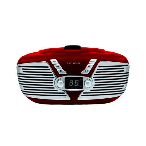 Sylvania Retro Style Portable CD Boombox with AM/FM Radio- Top Loading CD - Aux-in Jack - AC & Battery Compatible - LCD Display - Carrying Handle - (RED)