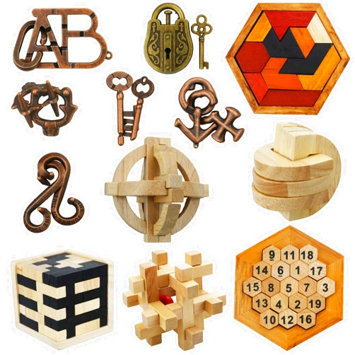Arlai 12 pcs Wooden Brain Teaser Puzzle and Metal 3D Unlock Interlocking Jigsaw Educational Toy for Kids and Adults Brain Games