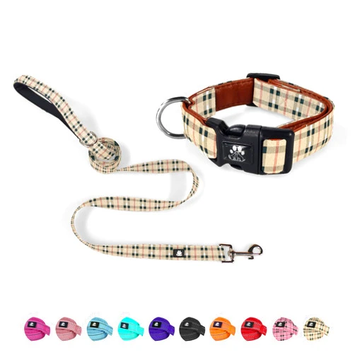 NESTROAD Dog Collar and Leash Set,Durable Leather Pet Collar with Quick Release Buckle,Adjustable Nylon Dog Collars for Small Medium Large Dogs(Medium Collar + 5FT Leash,Cherecked Beige)