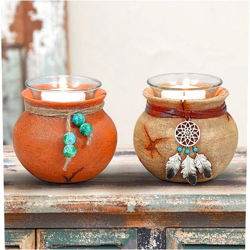 BLACK FOREST DECOR Black Forest Décor - Southwest Pots Candle Holders - Set of 2 - Southwestern Décor with Twine and Bead Detail - 3.6