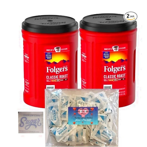 Maryse's Place Folgerss Classic Roast Medium Roast Ground Coffee, 43.5 oz (2 Pack), Bundle With Maryse's Place Small Bag Of Sugar Cane Packets