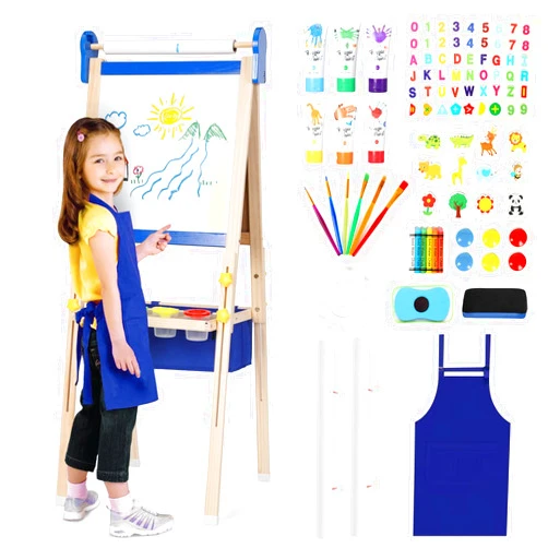 KIDINIX Kids Easel 3-1,Magnetic Chalkboard & Whiteboard, Paper Painting, Big Storage with Canvas Bag, Painting Sets with Finger Paints,Chalks,Brushes,Number Letters Magnets, Apron, Gift for Kids, Blue