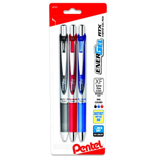Pentel EnerGel RTX Retractable Liquid Gel Pen, (0.3mm) Needle Tip, Extra Fine Line, Assorted Ink, 3-Pk (BLN73BP3M)