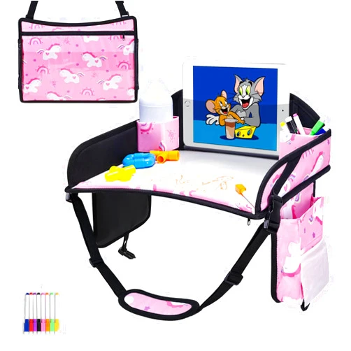 WENRENER Kids Travel Tray, Travel Tray for Kids Car Seat, Toddler Car Seat Lap Tray, Carseat Tray for Kids Travel, Carseat Table Tray for Kids Travel Activities (Dark Pink)