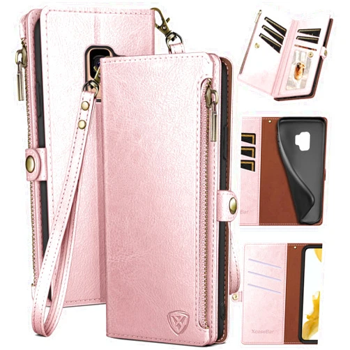 XcaseBar for Samsung Galaxy S9 Wallet case with Zipper Credit Card Holder【RFID Blocking】, Flip Folio Book PU Leather Phone case Shockproof Cover Women Men for Samsung S9 case Rose Gold