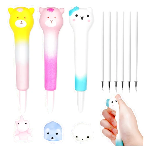Aolso Squishy Pens, 3PCS Squishies Pens With 3PCS Mochi Squishies Toys, Gel Ink Animals Pens Cute Pens With 6 PCS Blcak Replacement Refills For Students School Classroom Stationery Supplies（pink）