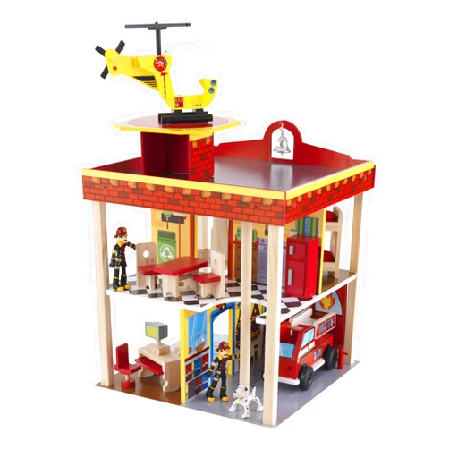 KidKraft Wooden Fire Station Set for 360 Degree Play - Wooden Construction, Working Garage Doors, Bendable Figures, Young Children Toy, Comes with Instructions, Scree Free Toy, Gift for Ages 3+