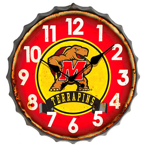 Hanna's Handiworks Maryland NCAA Bottle Cap Clock Vintage Metal Wall Art– Show Your School Team Spirit in Your Man Cave, Dorm, Bedroom, College Apartment with Terrapin Fan Decor