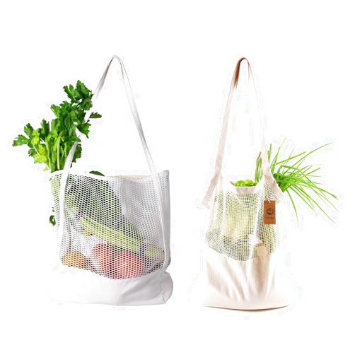 KINGWEDDING Long Handle Beige and White Netting Reusable Grocery Bags,Washable Cotton Mesh Stretchy Bags Shopping Bags Knit Bags Market Bags Carrying Fruit,Vegetables,Beach,School