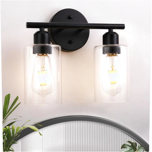 Chuntsone Bathroom Light Fixtures, 2-Lights Modern Wall Sconce Lighting with Clear Glass Shade, Black Bathroom Vanity Lights for Mirror, Bedroom, Living Room, Farmhouse