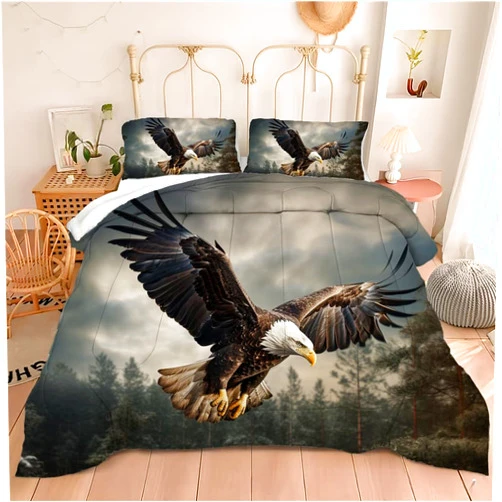 BIVVI Wildlife Eagle Comforter Sets for King Bed, Bald Eagle Flying in The Forest Bedding Set, King - 1 Quilt + 2 Pillow Shams
