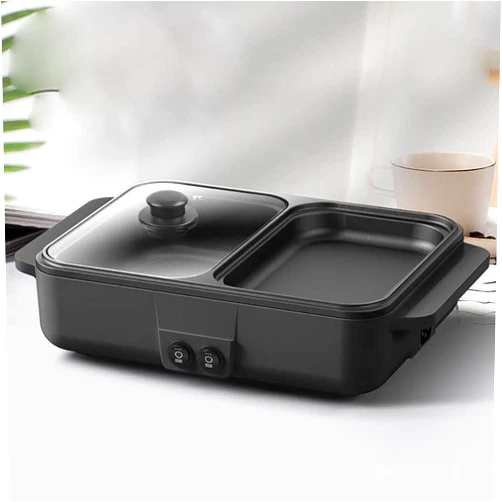 XUANIIIL 2-in-1 Electric BBQ Grill with Hot Pot, 1200W 110V/60hz Portable Electric Pot and Griddle for Korean Barbecue Grill Indoor Multifunctional Split-Design Non-Stick Teppanyaki Pan (Black)