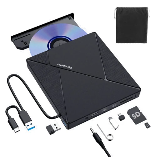 PeroBuno External CD DVD Drive, USB 3.0 Optical Disc Drive, 4 USB Ports and 2 TF/SD Card Slots, CD DVD Burner Writer Reader Player for Laptop MacBook iMac Desktop PC Windows 11/10/8/7/XP Linux Mac OS