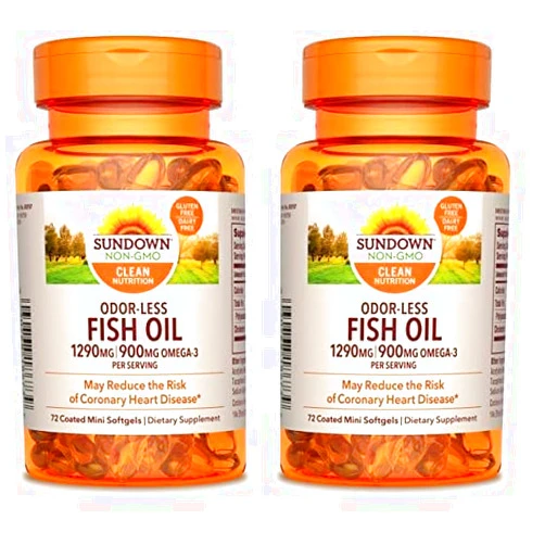Sundown Odorless Fish Oil, 1290mg, Omega 3 Dietary Supplement, Supports Heart Health, 72 Coated Mini Softgels (Pack of 2)