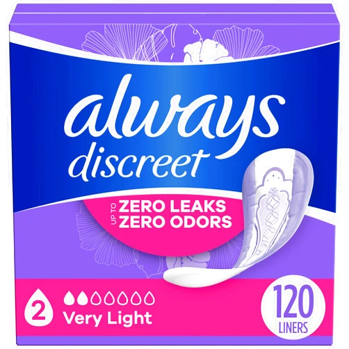Always Discreet Adult Incontinence & Postpartum Liners for Women, Size 2, Very Light Absorbency, Regular Length, 120 Count (Packaging May Vary)