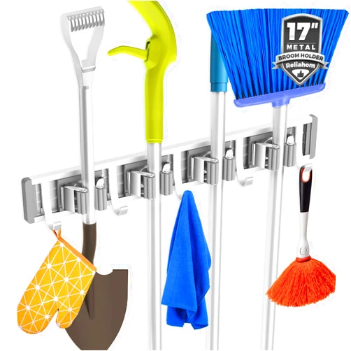 Reliahom Broom Holder Mop Hanger Wall Mount Metal Organization Garage Storage System Garden Kitchen Tool Organizer (4 Racks with 5 Hooks, Silver)