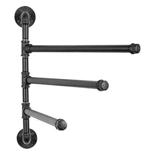 KITUNE Industrial Iron Pipe Towel Bar with 3 Swing Arm, Wall Mounted Swivel Foldable Towel Rack, Rustic Hand Towel Holder for Bathroom Kitchen Storage Organizer, Matte Black
