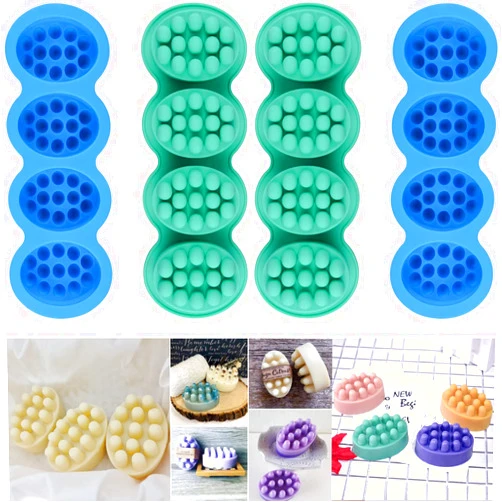 SJ Massage Soap Molds - 4 Pcs, 4 Cavities Silicone Soap Molds for Soap Making, Handmade Hair Brush Shampoo Bar Molds, Food Grade BPA Free(Blue and Green)
