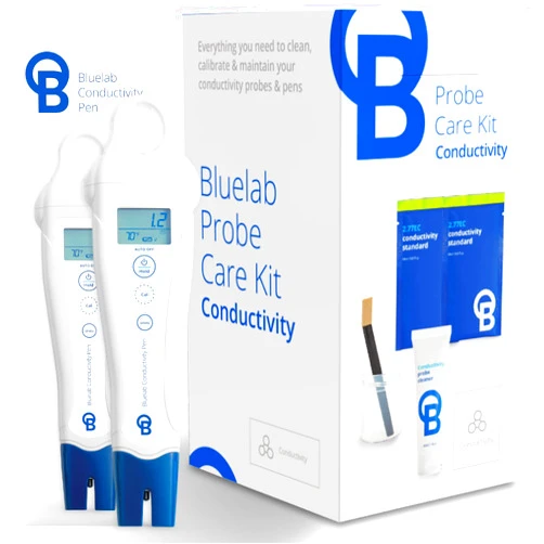 Bluelab Conductivity Pen Meter and Probe Care Kit for Conductivity-Water, Temperature and Nutrient Tester (CF, EC, PPM 500/700) with EC Solution and Cleaner for Hydroponics and Indoor Growing