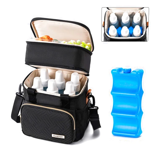 BABEYER Breastmilk Cooler Bag with Ice Pack, Fits 6 Baby Bottles Up to 9 Oz, Bottle Cooler Bag, Double Layer Leakproof with Should Strap for Working & Nursing Moms, Black