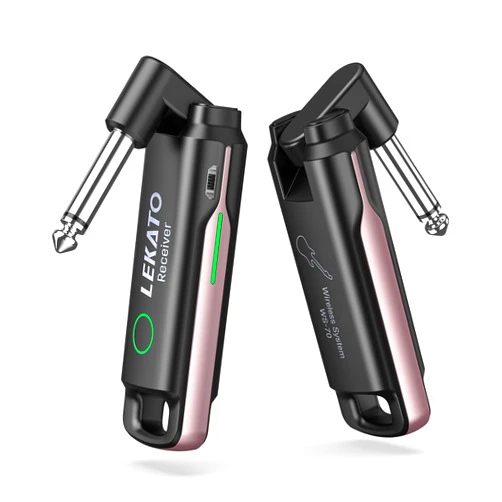 LEKATO Wireless Guitar System UHF Wireless Guitar Transmitter Receiver Rechargeable Audio Wireless Transmitter and Receiver with 70 Channels Wireless for Bass Electric Instruments(Pink)