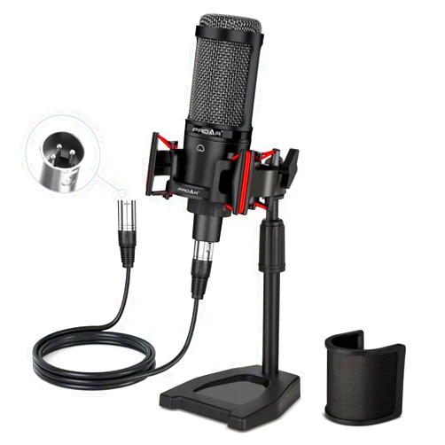 PROAR Condenser Microphone XLR, Cardioid Pickup Pattern, 48V Phantom Power Required, Shock Mount & Pop Filter Included, Sturdy Base & Height Adjustable Stand